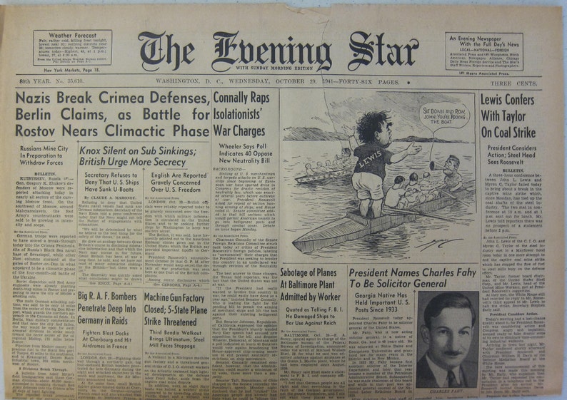 October 29 1941 The Evening Star Lewis Confers With Taylor On Coal Strike; President Considers Action; Steel Head Sees Roosevelt
