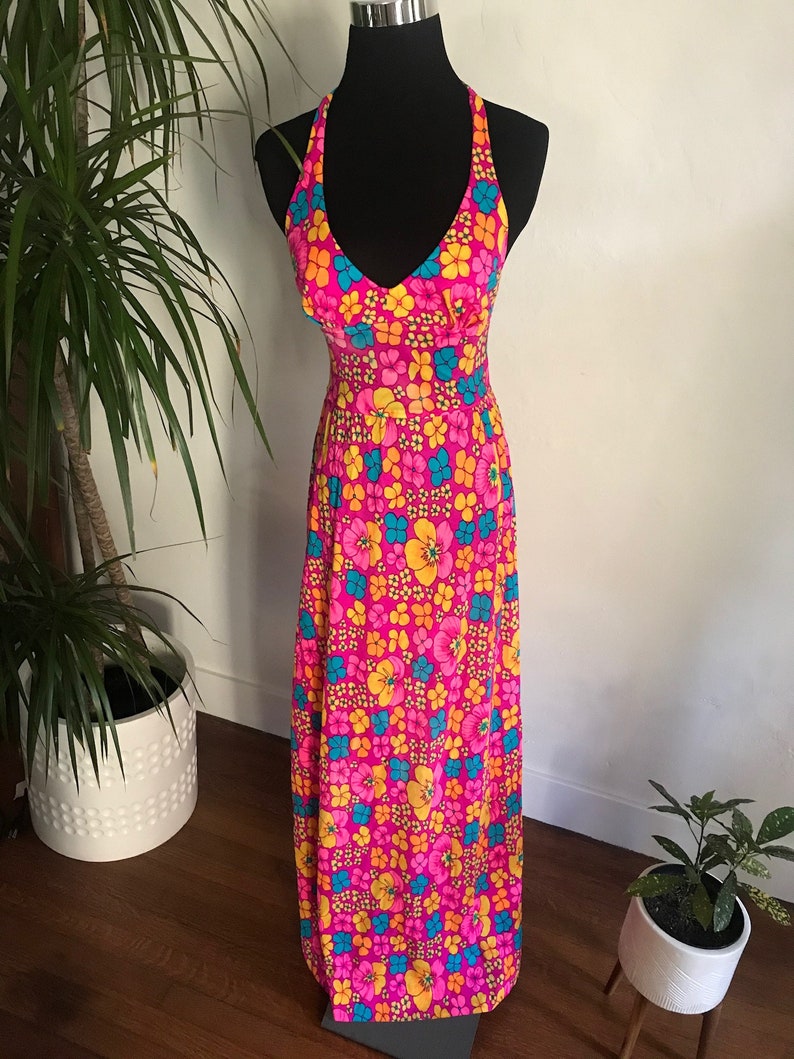 Vintage 60s 70s halter top maxi dress in brightly bold colors | Etsy