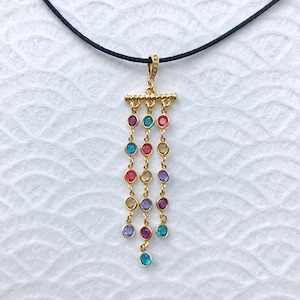 ANTOINETTE Necklace (Multi-Colour Brights) - Multi Colour Swarovski Crystals on Gold Plated Pendant Bar on Satin Cord