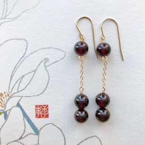 KAORI Earrings - Garnet Bead on a 14k Gold Filled Chain and Earwire