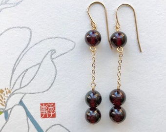 KAORI Earrings - Garnet Bead on a 14k Gold Filled Chain and Earwire