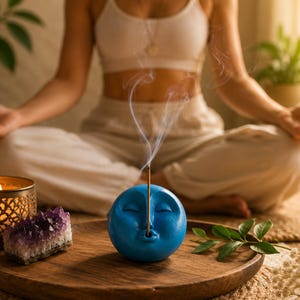May include: A blue moon-shaped incense holder with a face, emitting smoke, sits on a wooden tray. A lit candle in a decorative gold holder, a purple crystal, and greenery are also on the tray. The scene evokes a sense of calm and meditation.