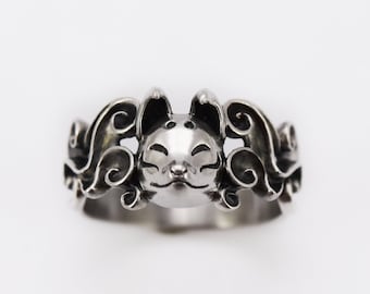 Kitsune Mask Ring - Unisex - Silver Ring