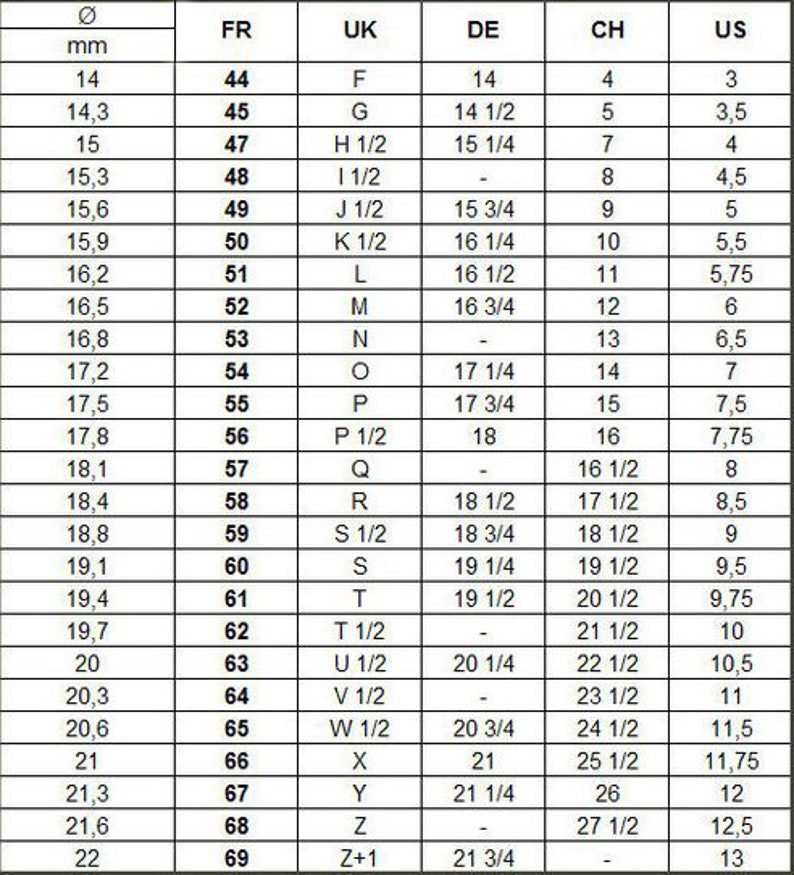 May include: A chart showing ring sizes in millimeters, French, UK, German, Swiss, and US sizing systems. The chart includes sizes from 14 mm to 22 mm.