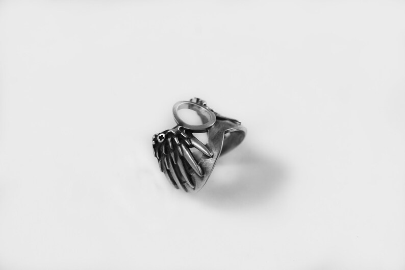 May include: A silver ring with a wing design and a circular cutout in the center.