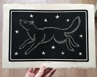 Wolf Linocut Print, Original limited Edition Art Work