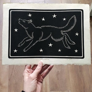 Ad Astra - Original handmade linocut print of a lone wolf and starry sky. Printed with a hand-carved linoleum block on handmade paper
