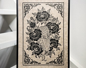 Stunde des Vogels (schwarz), original handgemachter Linolschnitt-Kunstdruck. Erhältlich in mehreren Farbvarianten