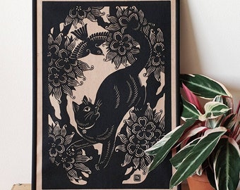 Black Cat Linosnede: kersenbloesem, vogel, Limited Edition