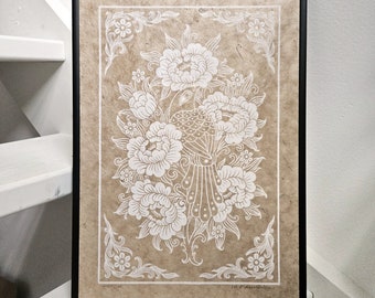 Stunde des Vogels (weiß), original handgemachter Linolschnitt-Kunstdruck. Erhältlich in mehreren Farbvarianten