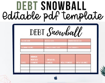 May include: A computer screen displaying a printable debt snowball template. The template has columns for account name, interest rate, beginning balance, estimated payoff date, debt priority, minimum monthly payment, snowball payment, new payment, and new balance. The template is titled "DEBT Snowball".