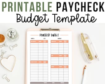 May include: A printable paycheck budget template on a clipboard with a peach background. The template has columns for income, expenses, and savings.