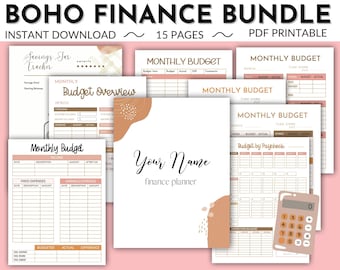 May include: A printable boho-style budget planner bundle with 15 pages. The pages include sections for monthly budget, savings jar tracker, budget overview, and budget by paycheck. The pages are decorated with abstract shapes and a calculator.