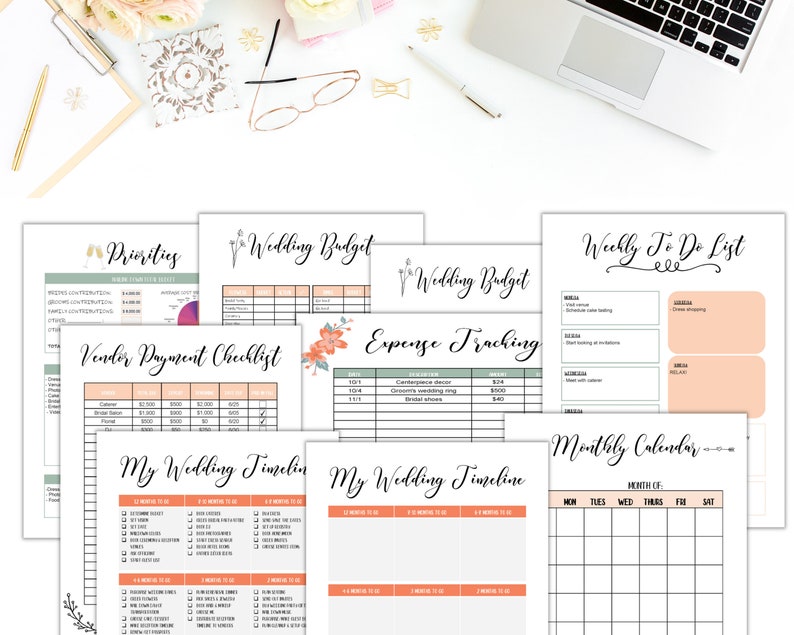 May include: A collection of wedding planning printables, including a budget, timeline, and to-do list. The pages feature elegant calligraphy and soft peach accents. A laptop, pen, and glasses are visible in the background.