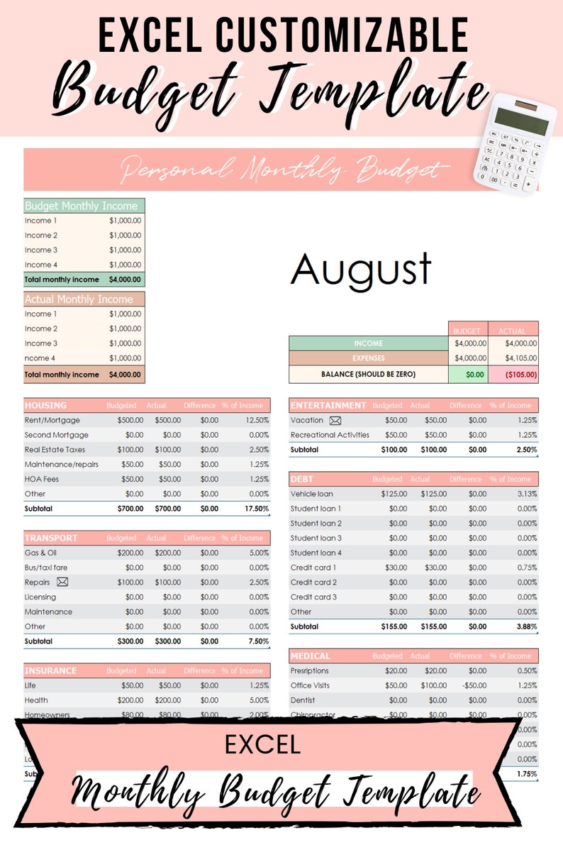 Excel Budget Template Excel Spreadsheet Excel Template Etsy