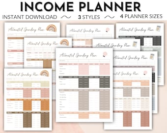 May include: A set of printable budget planner templates in three different styles. Each template features a light background with a colorful graphic at the top and a table with columns for income, expenses, and budget. The text "Allocated Spending Plan" is at the top of each template.