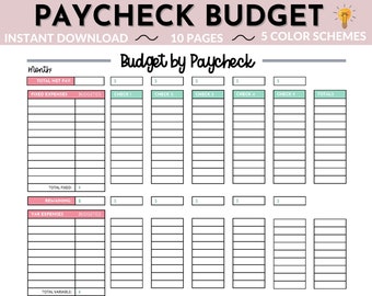 May include: A printable budget planner with a pink and white color scheme. The planner is divided into sections for fixed expenses, variable expenses, and totals. The planner is designed to help people track their spending and save money.