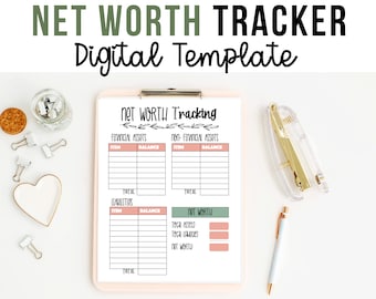May include: A printable net worth tracker template with sections for financial and non-financial assets, liabilities, and a summary section for total assets, total liabilities, and net worth.