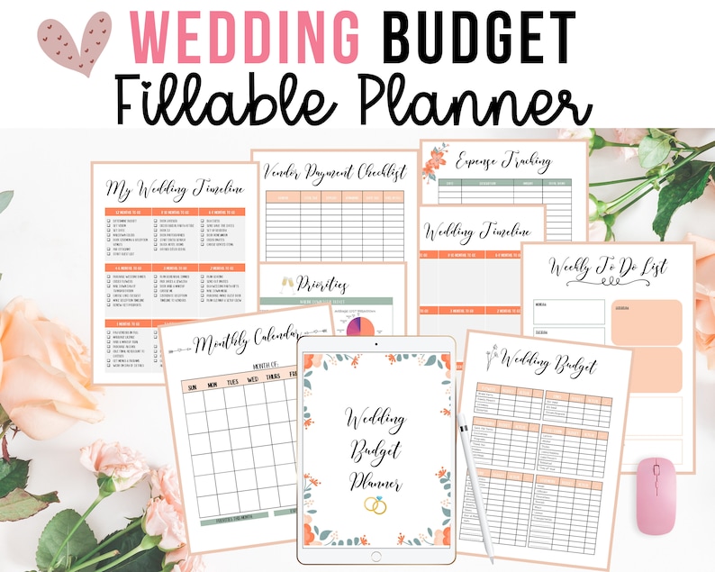 May include: A collection of printable wedding planning pages, including a timeline, budget tracker, and checklist. The title "WEDDING BUDGET Fillable Planner" is displayed at the top. A tablet with the words "Wedding Budget Planner" is in the center, surrounded by floral accents.
