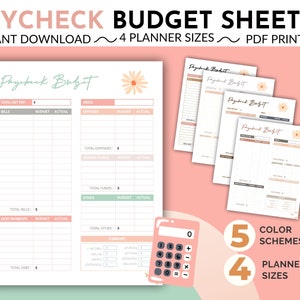 May include: A digital PDF printable paycheck budget sheet with a daisy graphic. The sheet includes sections for bills, expenses, and savings. The image shows 4 planner sizes and 5 color schemes.