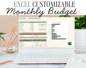 May include: A laptop screen displaying an Excel customisable monthly budget template with tables for income and expenses, a bar chart titled Where the money goes, and the text EXCEL CUSTOMISABLE Monthly Budget at the top of the image.