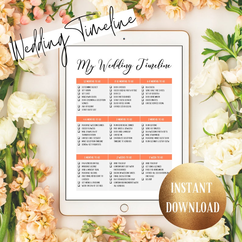 May include: A digital wedding timeline displayed on a tablet, surrounded by floral arrangements. The timeline is a checklist with tasks categorized by months leading up to the wedding. The words "Wedding Timeline" and "Instant Download" are also visible.