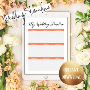 May include: A digital wedding timeline displayed on a tablet, surrounded by flowers. The timeline is titled "My Wedding Timeline" and includes sections for planning from 12 months to go to 1 week to go. A gold circle with "INSTANT DOWNLOAD" is in the corner.