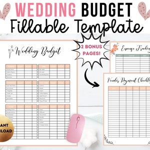 May include: A printable wedding budget template with sections for flowers, catering, attire, and more. It also includes expense tracking and vendor payment checklist pages. The template is available for instant download.