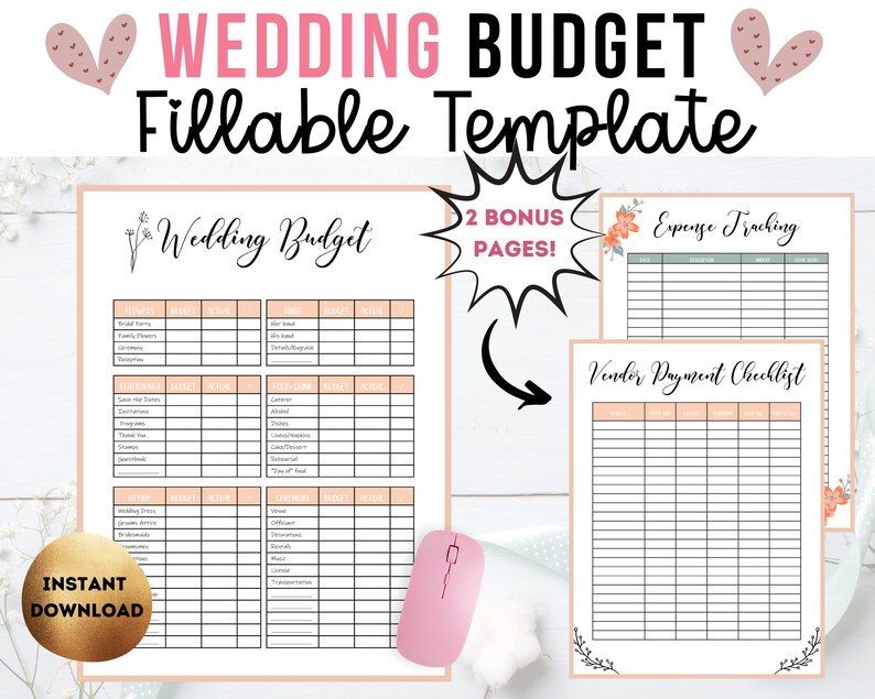 May include: A printable wedding budget template with sections for flowers, catering, attire, and more. It also includes expense tracking and vendor payment checklist pages. The template is available for instant download.