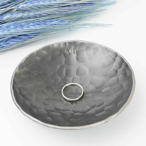 Handmade Ring Dish • Hammered Stainless Steel Ring Dish • Traditional Eleventh Anniversary Gift • Personalised Roman Numerals • Small 4.5&quot;