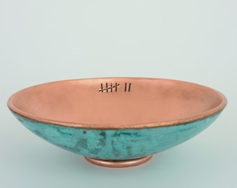 Copper Bowl with Green Patina • 7th Wedding Anniversary gift • Tally Mark & Personalisation Options • M Size Copper bowl • Verdigris Finish