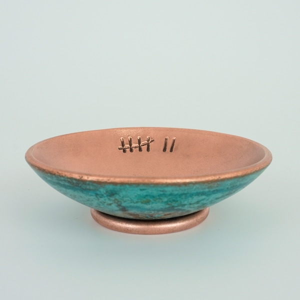 Copper Dish for 7 year Anniversary gift • Green Patina • Hand Made Copper Bowl Verdigris Patina • Extra Small Dish • 7 Tally Marks Optional