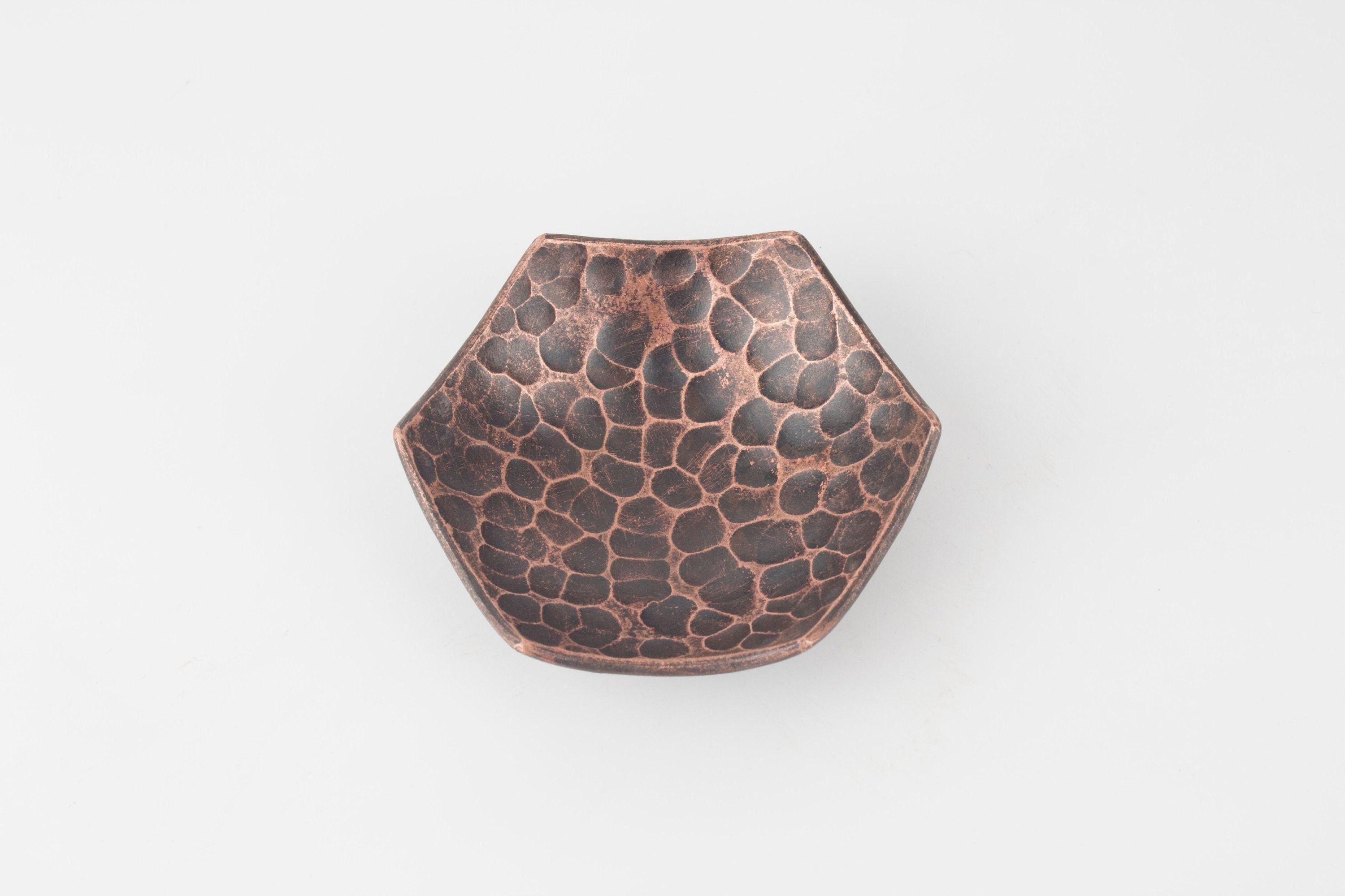 Hexagonal hammered texture Copper Bowl - X Small - Fire Patina - Copper Bowl for 7th Anniversary gift - Jewellery Storage - Copper Ring Dish
