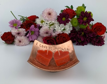 Plato de anillo de cobre grueso - Cuenco de cobre martillado cuadrado pequeño - Regalo del 7º aniversario de bodas - Plato de anillo de aniversario de cobre personalizado
