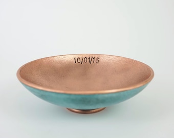 Small Copper Ring Dish with a Green Patina - Personalised Jewellery Dish - Hand Stamped Anniversary Date Option - Handmade Copper bowl 4.3&quot;