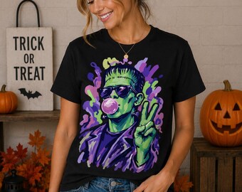 Frankenstein Halloween Shirt, Bubble Gum Monster Tee, Spooky Season Graphic Shirt, Cute Horror Shirt, Halloween Gift for Women