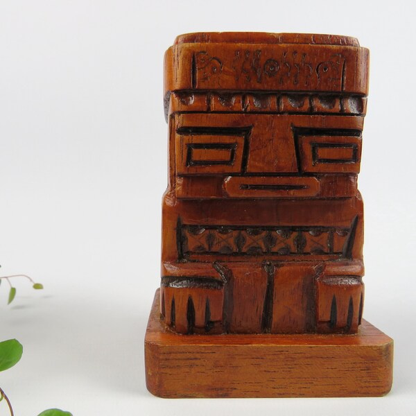 Sculpture Tiki mexicain en bois sculpté, Porte-crayons tribal en bois massif, Totem porte-lunettes sculpté à la main, Teko teko primitif