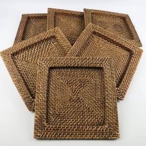 Rattan charger plates, Vintage placemats, Square plate holders, Woven cane place settings, Wicker table accessories, Country table setting