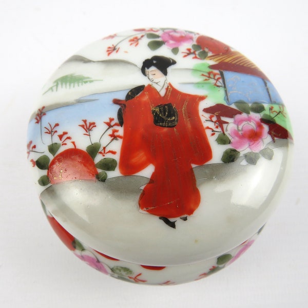 Boite à bijoux japonaise en porcelaine, Boite ronde en porcelaine japonisante avec couvercle, Coffret à bijoux geisha bijin Japon
