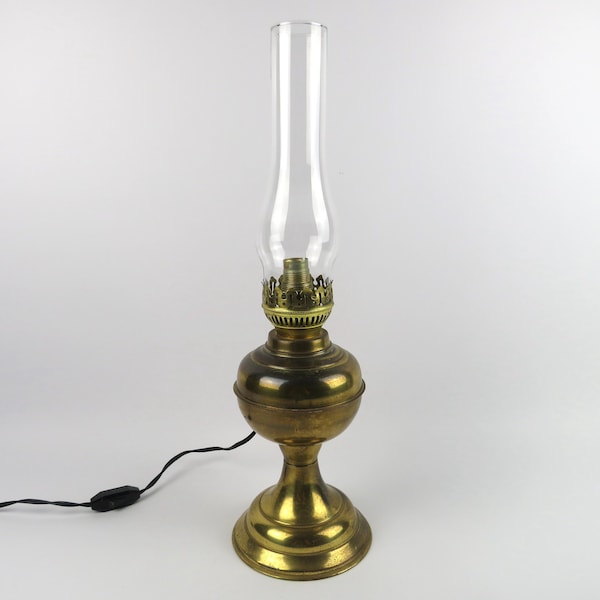 Electrified kerosene oil lamp, Gilded brass french paraffin lamp, Rustic wired kerosine lamp, Period oil lightning