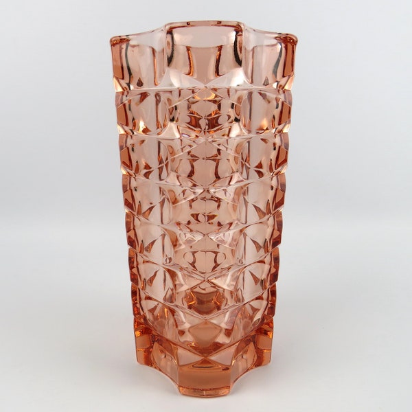 Grand vase en verre rose Art-déco, Vase colonne en verre rose à facettes, Vase Rosaline années 60 1960, Cadeau de mariage vintage