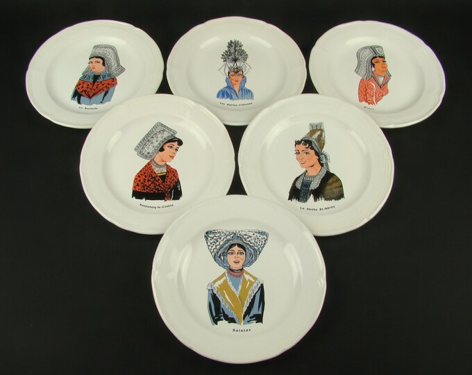 Mismatched Cheese Plates Set of 6, French Antique Advertising Ceramic