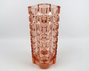 Grand vase en verre rose Art-déco, Vase colonne en verre rose à facettes, Vase Rosaline années 60 1960, Cadeau de mariage vintage