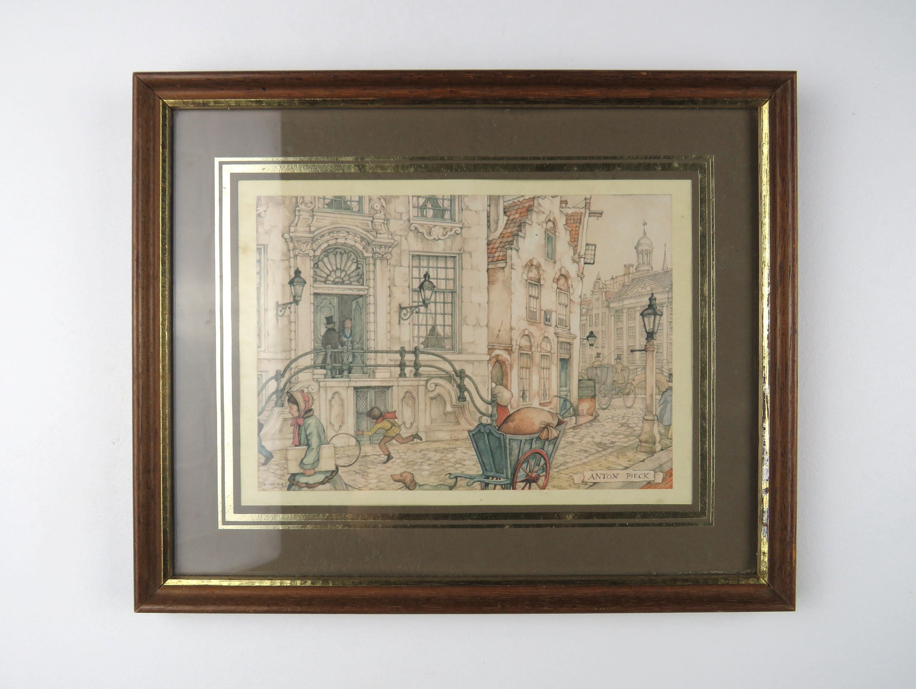 Impression Anton Pieck Encadrée, Dessin Signé Sous Cadre, Cadre Horizontal Scène de Rue Hollandaise,