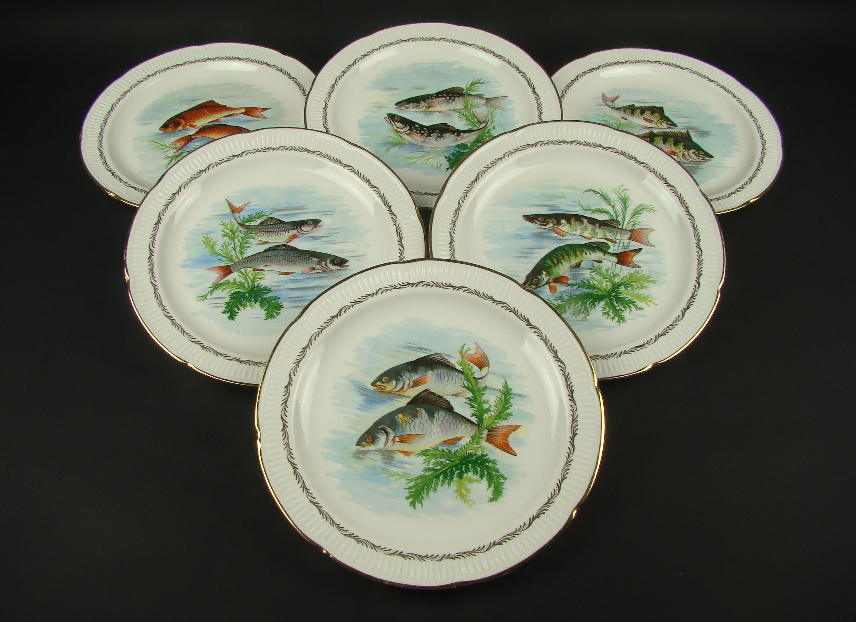 Assiettes à Poisson en Porcelaine de Vierzon, Six Assiettes Dépareillées Poissons d'eau Douce, Servi
