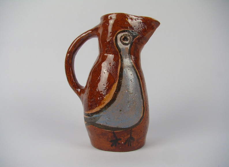 Pottery Art French Ceramics collection ancient carafe Terracotta pitcher enamelled bird d\u00e9cor Hand-painted Na\u00eff Rustique