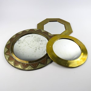 Set of Three Vintage Moroccan Mirrors in Brass and Repoussé Copper, Golden Oriental Mirrors, Moroccan Handicraft from the 1960s–70