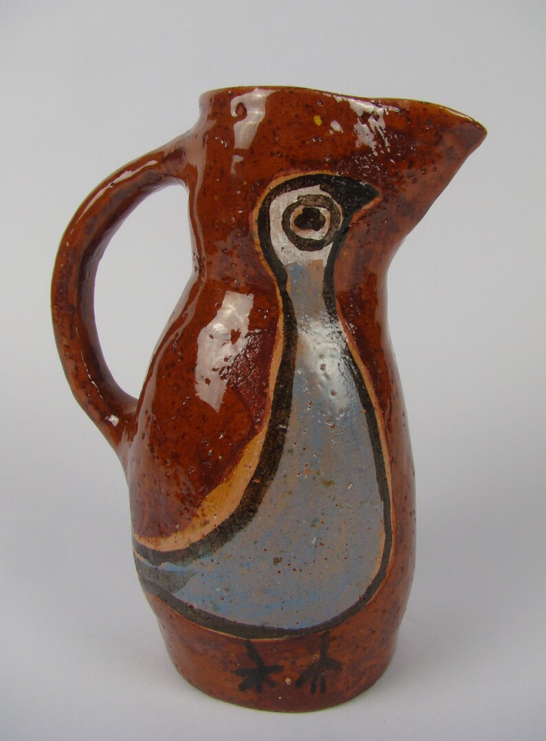 Pottery Art French Ceramics collection ancient carafe Terracotta pitcher enamelled bird d\u00e9cor Hand-painted Na\u00eff Rustique