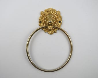 Lion head towel holder - Brass towel holder ring, Hollywood regency