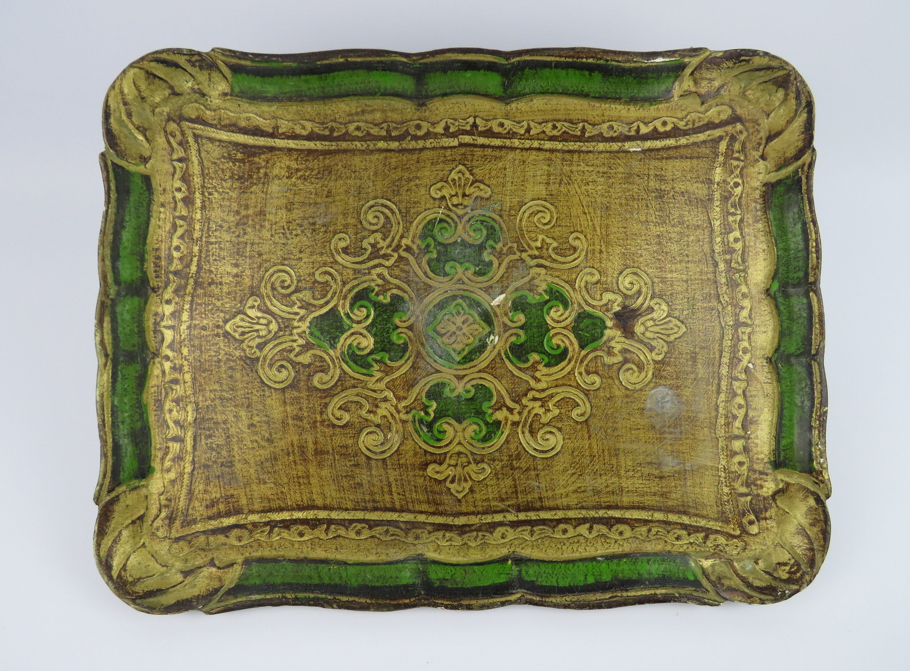 Plateau Florentin en Bois Vintage, Plateau Italien Vert et Or, de Service Doré, Bar Baroque, Léger
